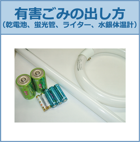 有害ごみ（乾電池、蛍光管、ライター、水銀体温計の出し方のイメージ